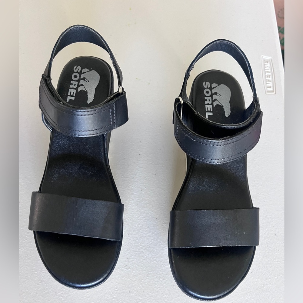 SOREL Cameron Wedge Leather Sandals Black Platform Ankle Strap 7 US NL 4018-010 - Picture 2 of 9